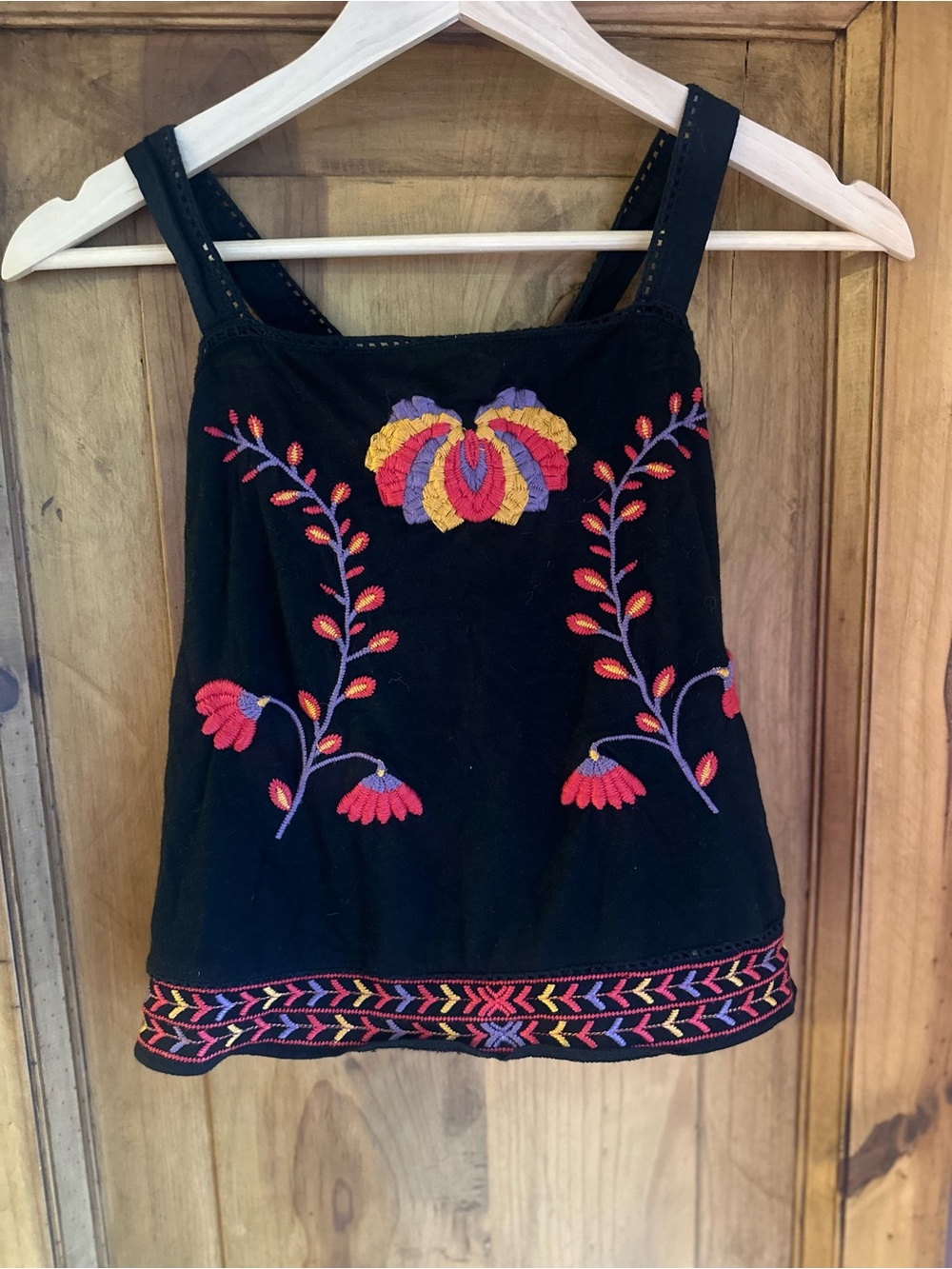American Eagle Outfitters Boho Black Tank Top with Multicolor Embroidery